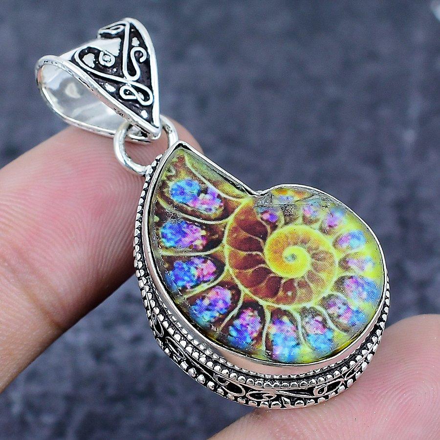 Natural Ammonite Fossil Gemstone 925 Sterling Silver Jewelry Pendant 1.85" ETC-13202