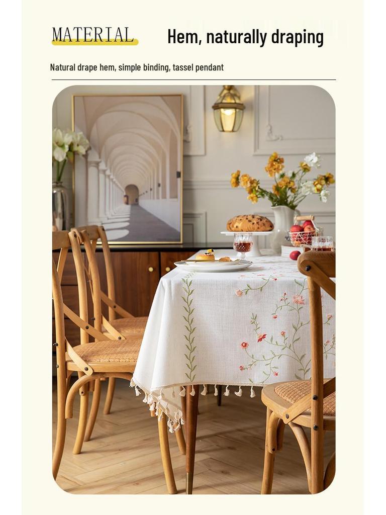 Luxury Cotton-Linen Embroidered Retro Tablecloth for Rectangular Coffee Table
