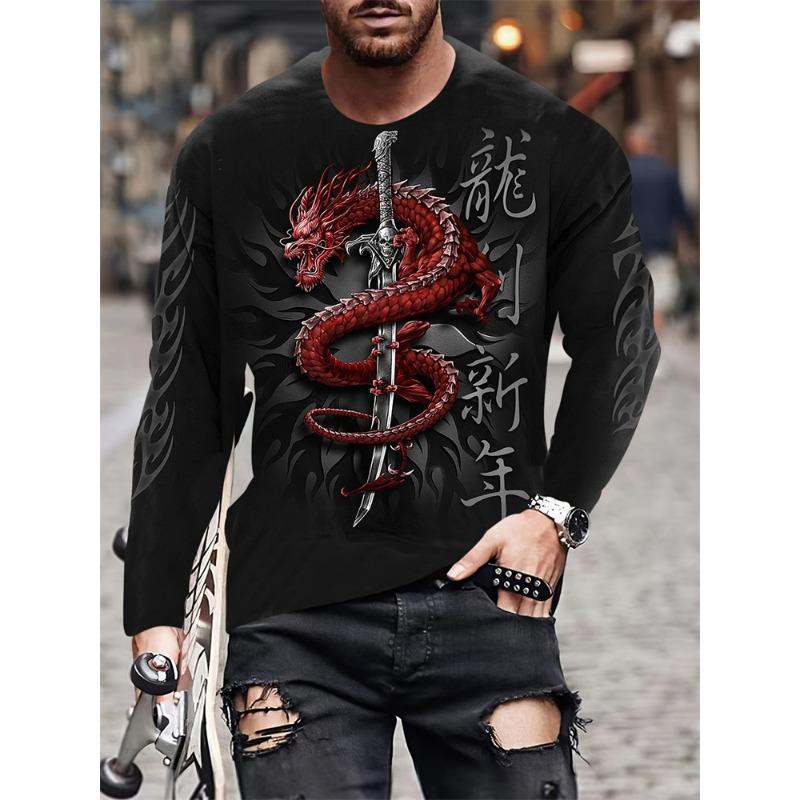 Oriental Dragon Printed Men's Long Sleeve T-shirt Autumn Daily Street Men's Fashion Long Sleeve T-shirt Casual Long Sleeve Top