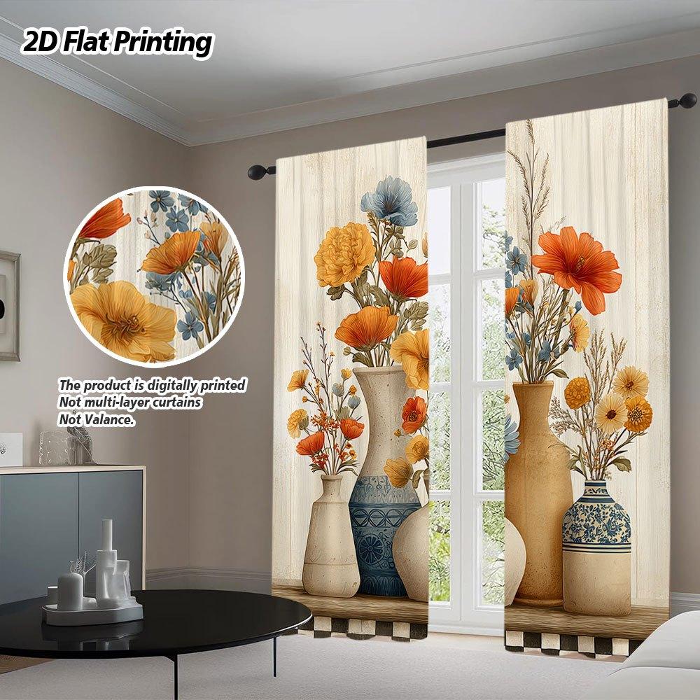 2PCS Vintage Curtains, Vase Floral Oil Painting, Digital Print, Bedroom Living Room, Office, Kitchen, Window Treatment
