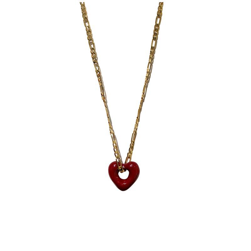 Titanium Steel Simple Retro Enamel Heart Necklace Fashionable Commuter Three-Dimensional Love Pendant Stainless Steel Collarbone Chain