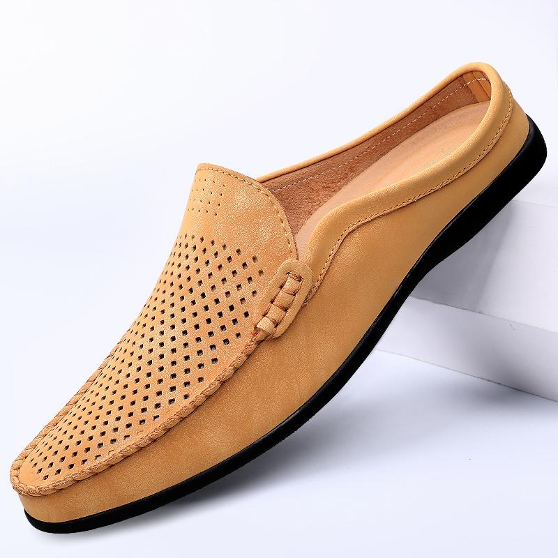 Fashion Classic Breathable Half Shoes Mens Hollow Out Genuine Leather Half Slippers Non-slip Mules Casual Outdoor Moccasins Flats Hombre