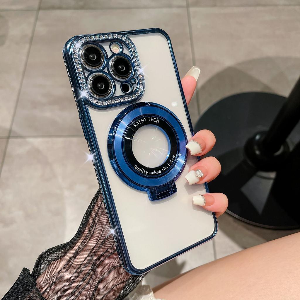 Applicable to iPhone15 rhinestone magnetic leakage label holder, mobile phone case 13 Apple 14 electroplating transparent TPU12 soft case