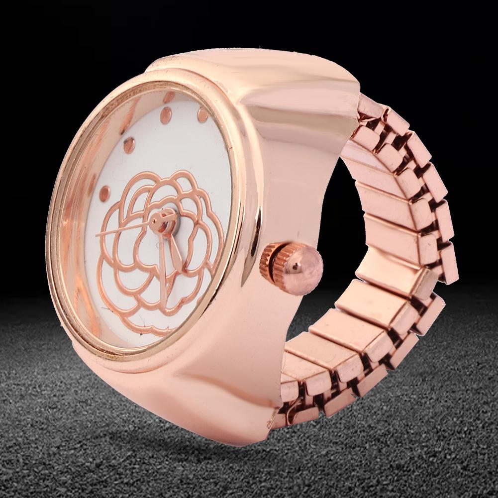 Finger Ring Watch Round Dial Rose Flower Pattern Women Finger Quartz WatchRose Gold