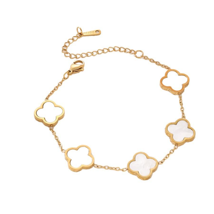 Set Colier, Cercei și Brățară Trifoi din Oțel Titan Dublu Față Neted Cinci Flori Culoare 18k Conservată Premium Lanț Claviculă