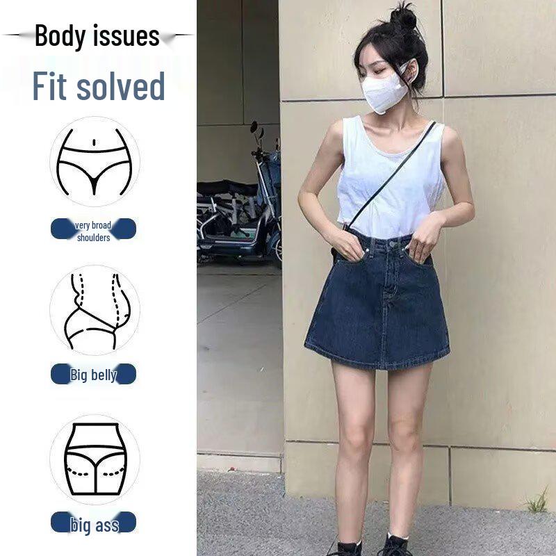 Women's High-Waist A-Line Denim Skort - American Retro Style, Anti-Exposure, Slimming Fit