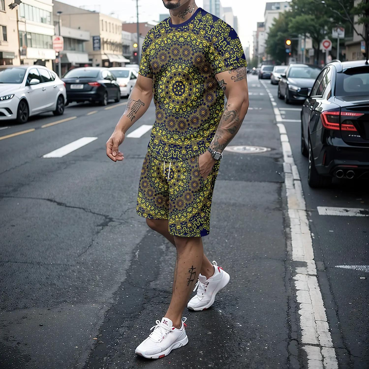 

Летний индивидуальный красивый мужской комплект из двух предметов в стиле ретро с 3D футболкой и шортами, спортивный комплект Top Street с короткими рукавами 6XL