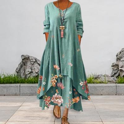 Frühlings-Herbst-Kleid mit Taschen Vintage-Blumendruck Unregelmäßiger Stufenrock Locker A-Linie
