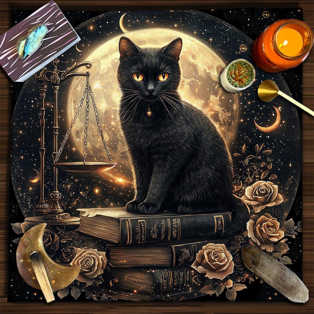 Colorful Mandala Black Cat Altar Cloth Tarot Tablecloth Witchcraft Cat & Moon Starry Sky Divination Cloth Tarot Mat Home Decor