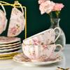 Sada čajového šálku a podšálku z kostního porcelánu v britském stylu – Květinový keramický šálek na kávu se zlatým okrajem a lžičkou
