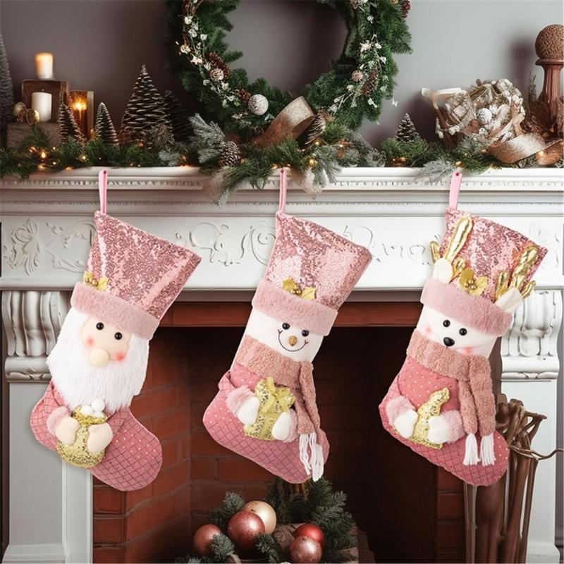 Pink Sequins Christmas Stocking Elegant Pink Glittering Christmas Stocking Durable Plush Fabric Home Decoration