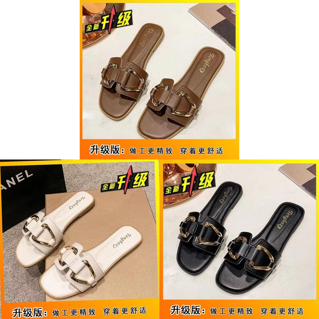 Summer Womens Large Size Pu Slide Sandals With Metal Buckle For Casual Daily Wear