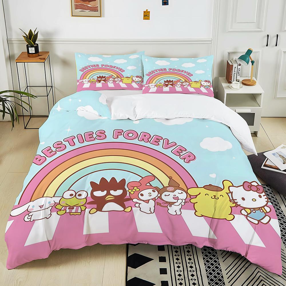 Cute Sanrio Friends Print Bedding Sets Hello Kitty Melody Cinnamoroll Bed Cover Duvet Cover Pillow Case 2-3 Pieces Sets