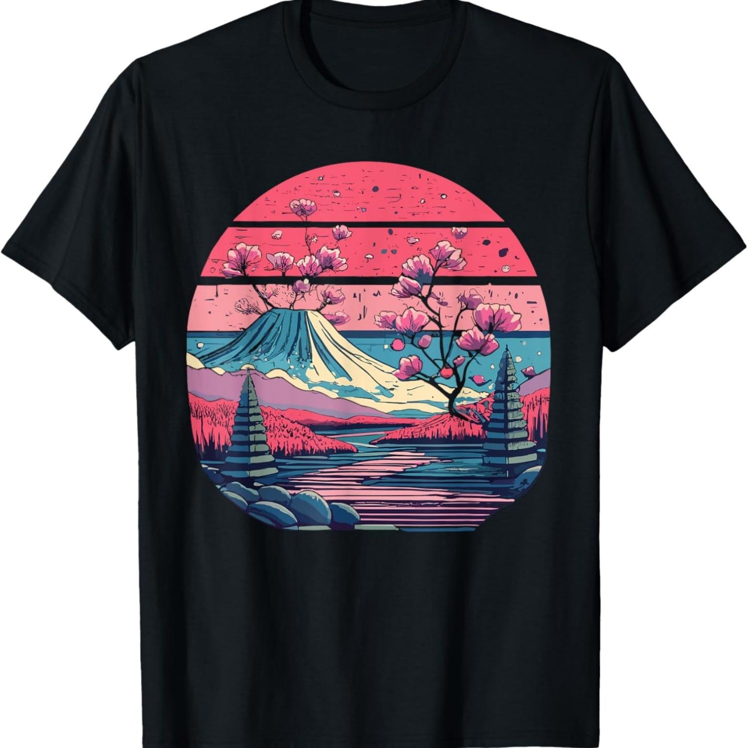 Эстетичная розовая футболка в стиле Vaporwave с японской сакурой(8) S