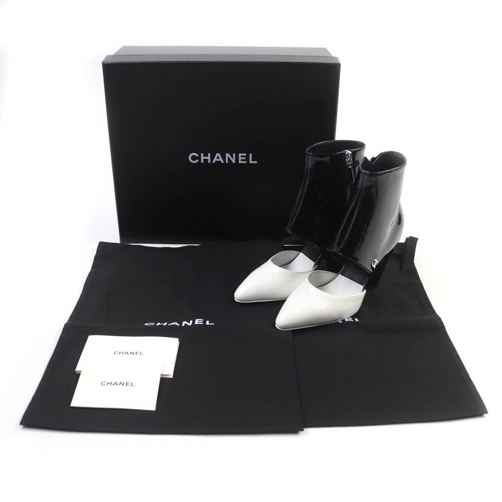CHANEL Ankle boots Black White Patent leather Women 35 G35430 Used