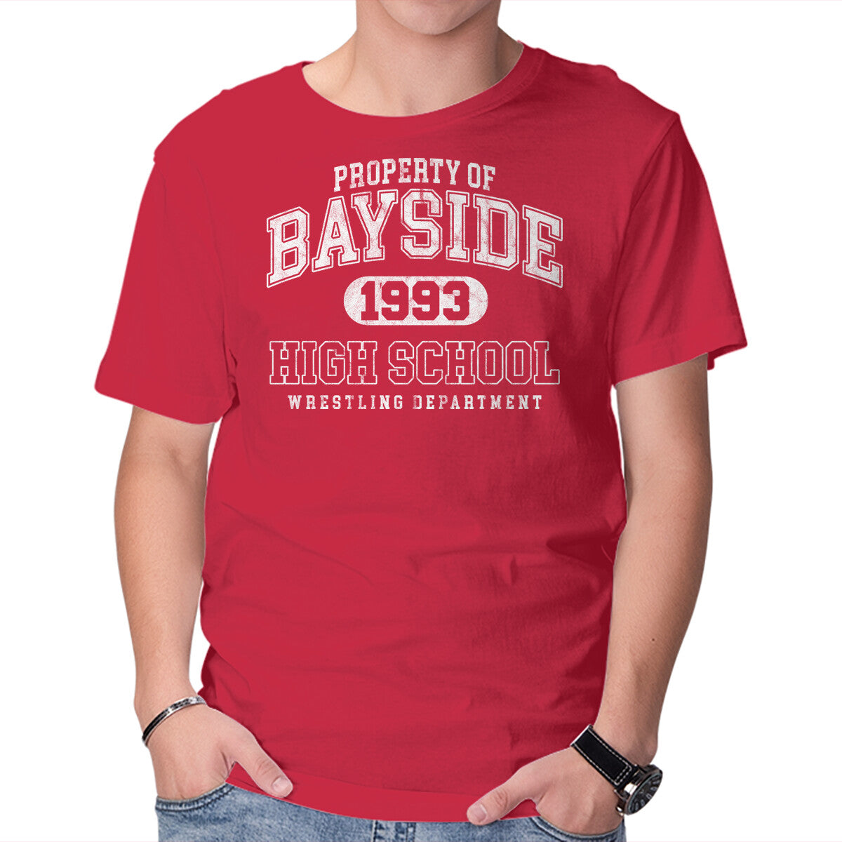 Unisex Crew Neck T-Shirt Property Of Bayside High Graphic Short Sleeve Casual Tee M