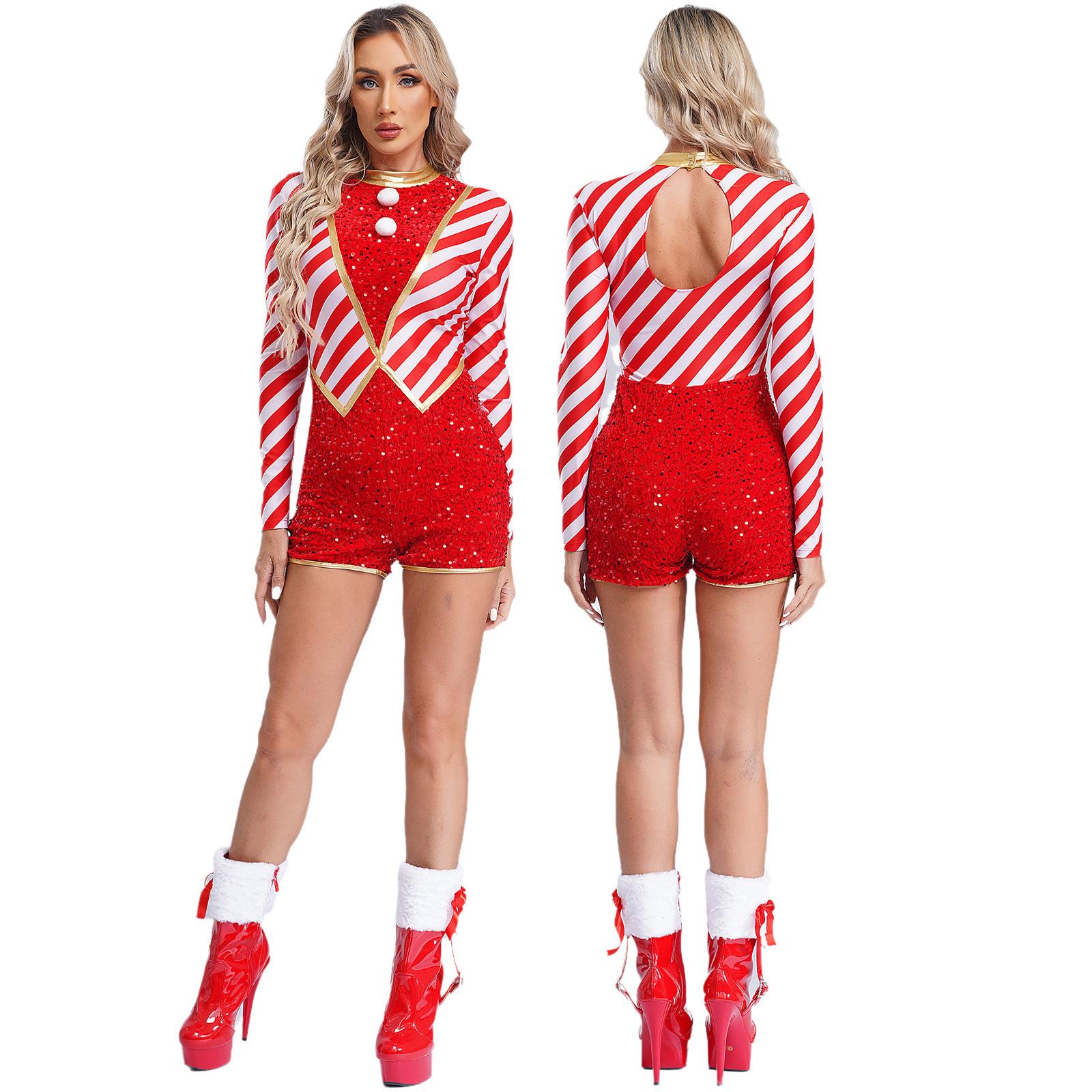 

Candy Cane Полосатый блестящий латинский джазовый короткий комбинезон для женщин Рождественский танцевальный костюм для выступлений Танцевальная одежда S красный