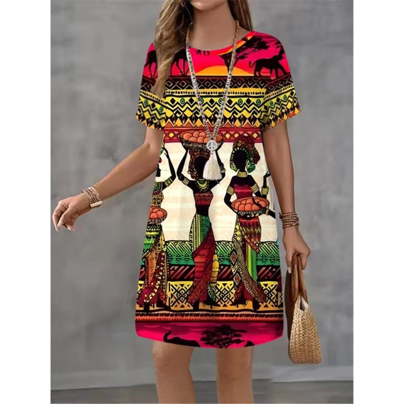 Damen Mode Handgezeichnetes Muster Druckkleid Sommer Neues Temperament Elegant Lässig Damen A-Linien-Kleid Kurzarm Minikleid