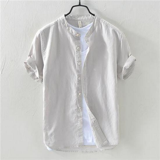 Men's Short-Sleeve Stand Collar White Linen Shirt, Casual Loose Fit, Lightweight Summer Cotton.