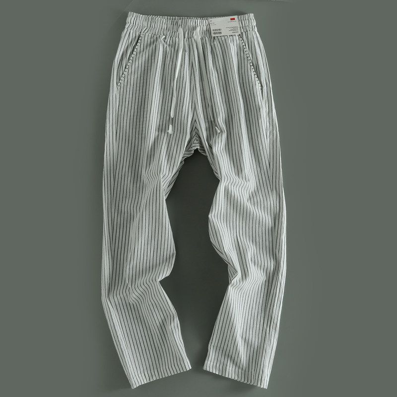 ODM Japanese Style Stripe Long Sleeves Washed Texture Men Loose Thin Section Breathable Casual Pants Elastic Waist Pants Fashionable Goods