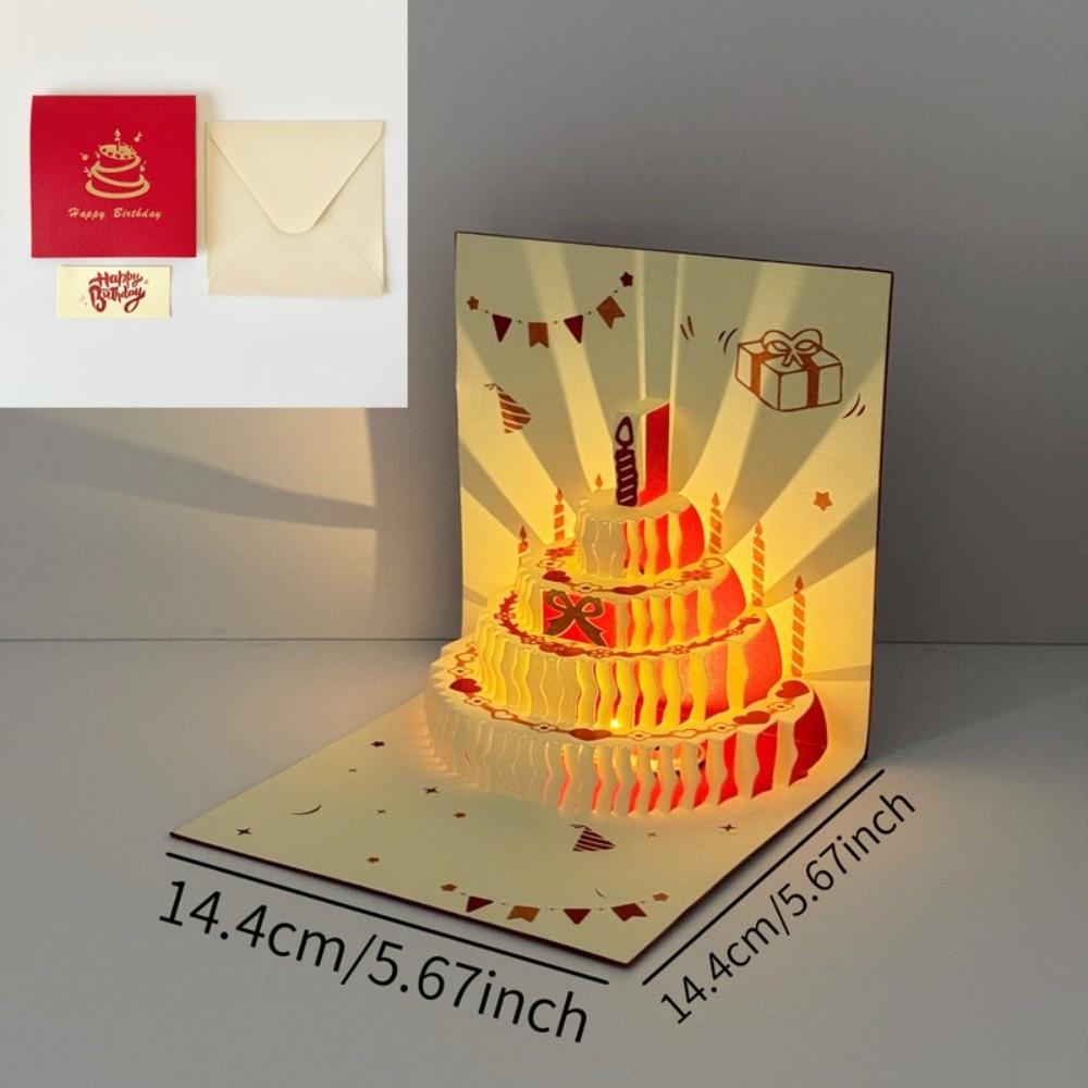 3D Happy Birthday Card Four-Layer Birthday Cake with Envelope Gift Card Foldable Music Light Message Card Party Party Supplies
