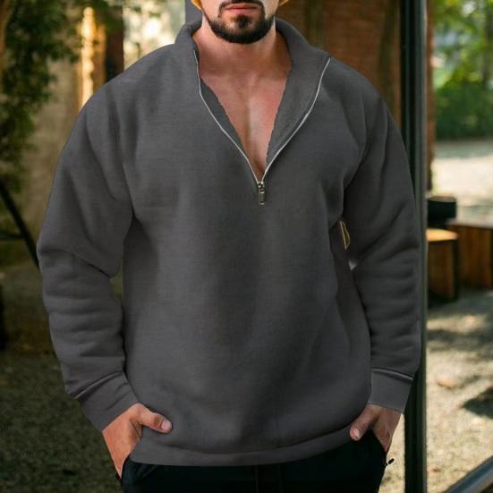 Suéter masculino de lã com meio zíper, cor sólida, à prova de vento, outono inverno, manga comprida, moletom com lapela