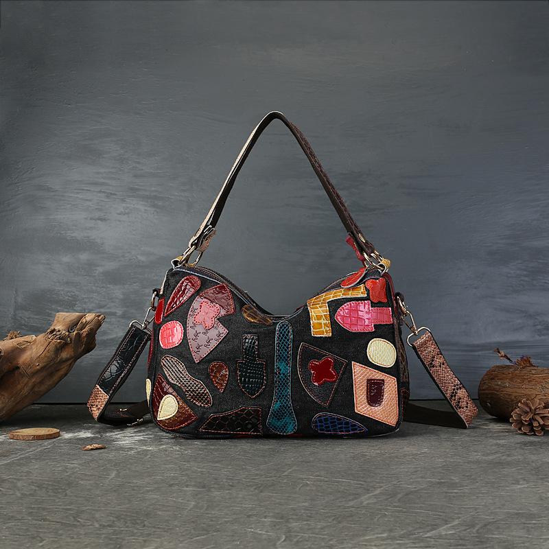 

Ретро и уникальная сумка-подушка из коровьей кожи с цветными блоками, сумка из натуральной кожи с нерегулярной сборкой, модная джинсовая сумка на одно плечо разноцветный/чёрный