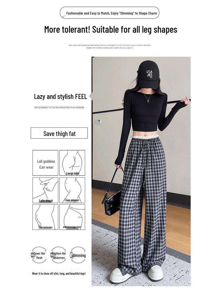 Korean Lace-Trim Plaid Wide-Leg High-Waist Pants for Women - Versatile Spring/Summer Casual Style