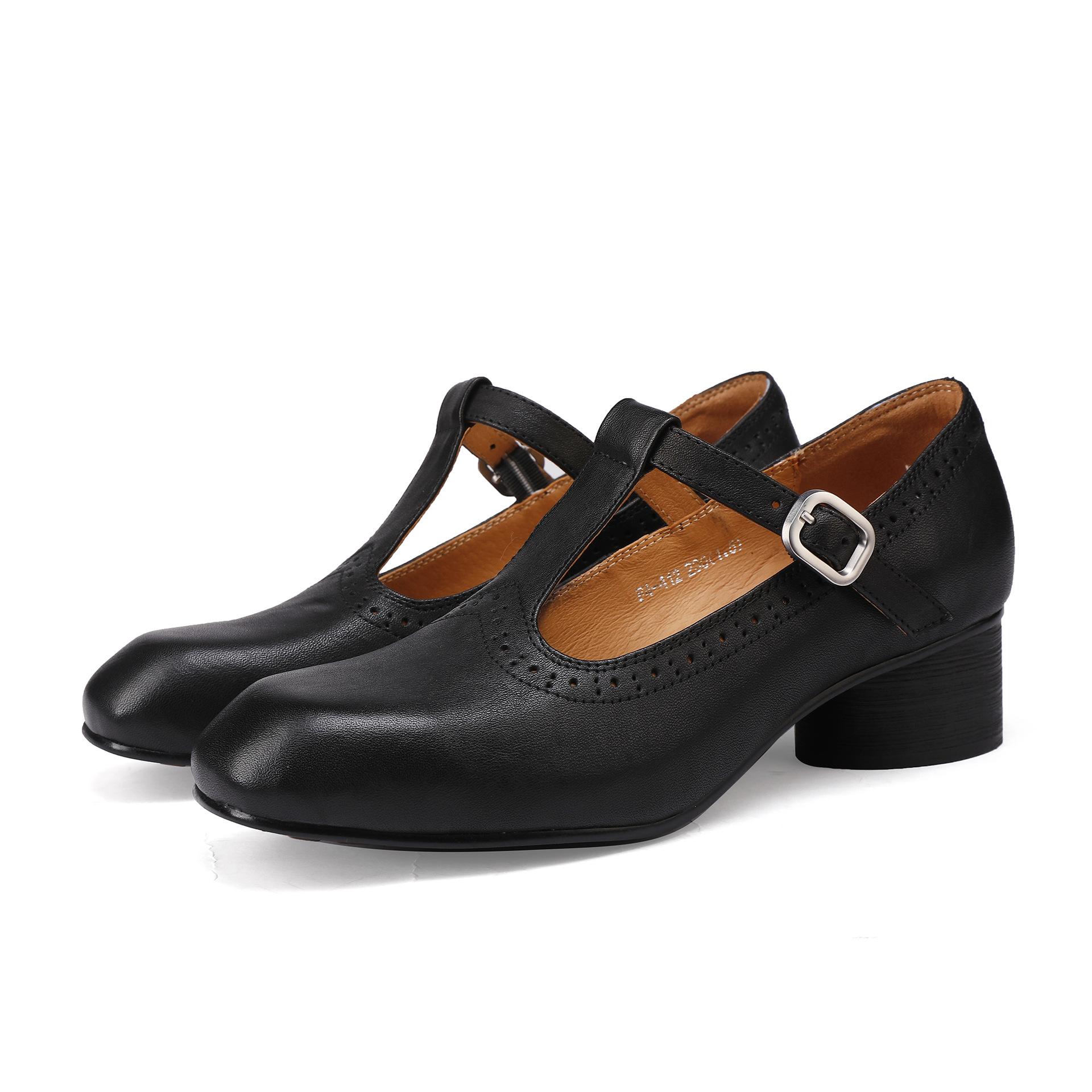 

Johnature Vintage Genuine Leather Mid-heel Shoes Versatile Commuting Round Toe Thick Heel Women s Shoes 40 чорний