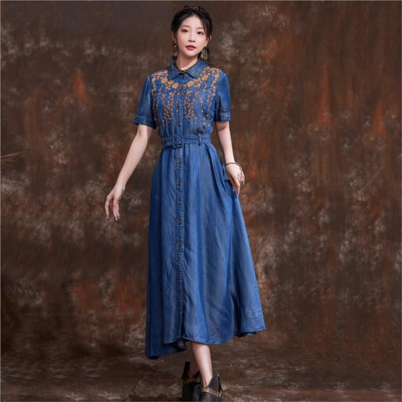 Johnature Vintage Embroidery Lapel Cowboy Dress Summer Autumn Women Fashion Single Breasted Short Sleeves Dress