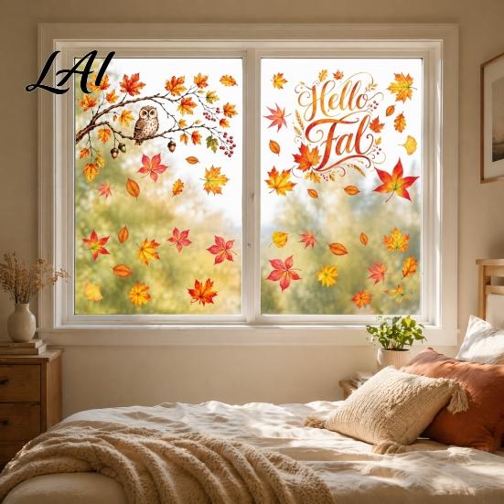 Thanksgiving Home Decor 6 Sheets Autumn Harvest Static Window Stickers Maple Leaves Scarecrows Bicycle Owl Transparent PVC Decals Decals Reusable