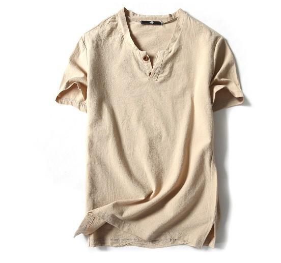 Mens Japanese Solid Linen Cotton Plus Size Short Sleeve Two Button Tshirt
