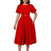 Women's Summer Fashion Bubble Sleeves Elegant High Waist Solid Color Round Neck Large Skirt Dress