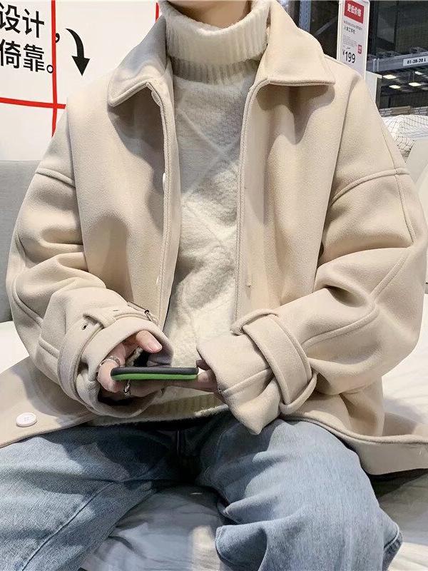 Men's Korean Style Woolen Coat - Single-breasted, Solid Color, Winter Casual Jacket for Couples