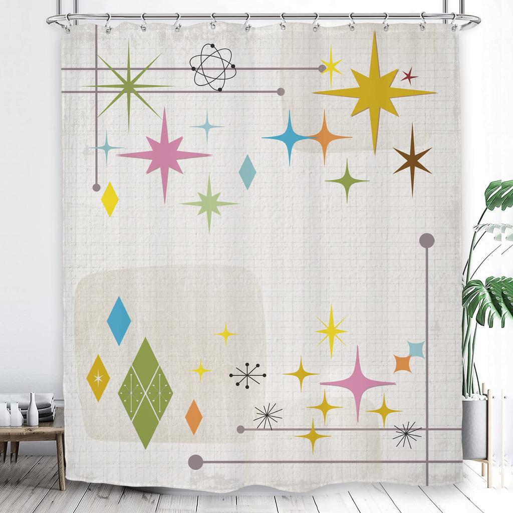 Shower Curtain Vintage Atomic Stars Retro Pattern on Of Boomerangs Mid Centry Waterproof Polyester Fabric Bathroom Set with Hook