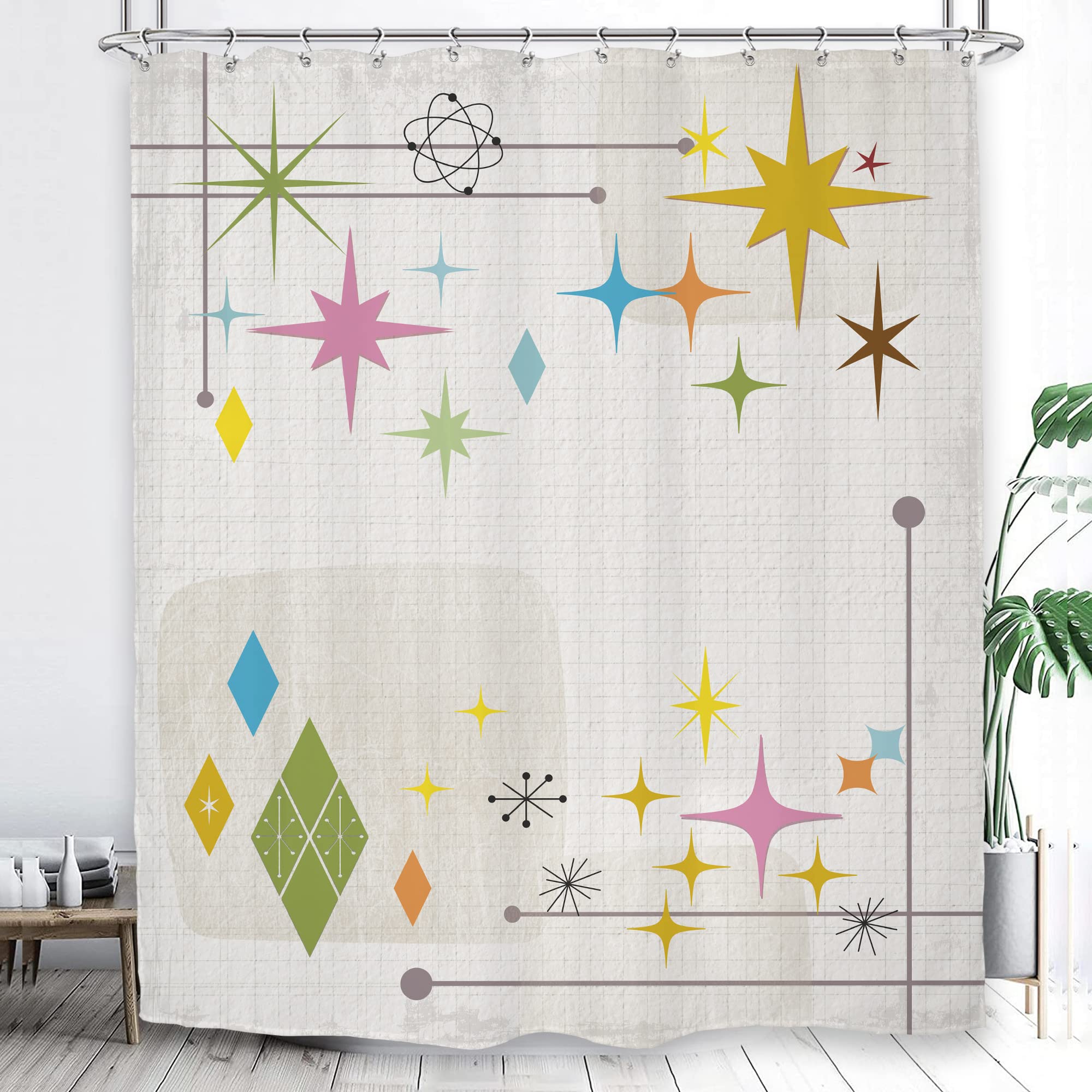 

Shower Curtain Vintage Atomic Stars Retro Pattern On Of Boomerangs Mid Centry Waterproof Polyester Fabric Bathroom Set With Hook W60H190(CM)-1 Pcs
