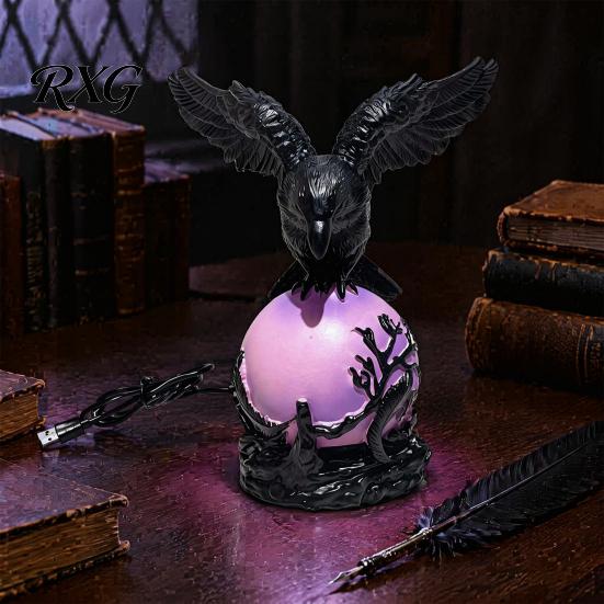 Spooky Crow Figurine Gothic Lamp, with Purple Light Ball, Resin Halloween Night Light, Realistic Sculpture USB Powered Dark Style Statue for