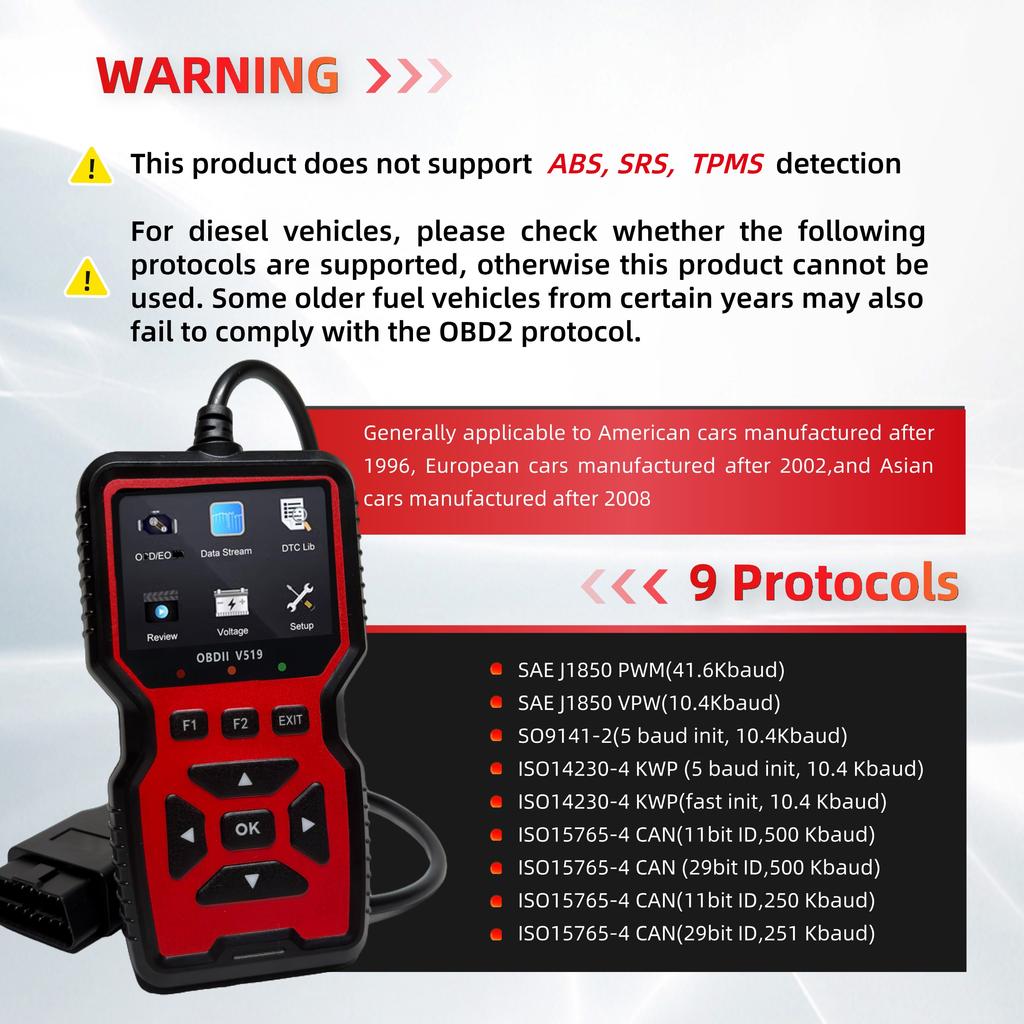 V519 Red Car Diagnostic Scanner Tool Automotive OBD2 Scanner for Engine Health Check with Color Screen Code Readers 4