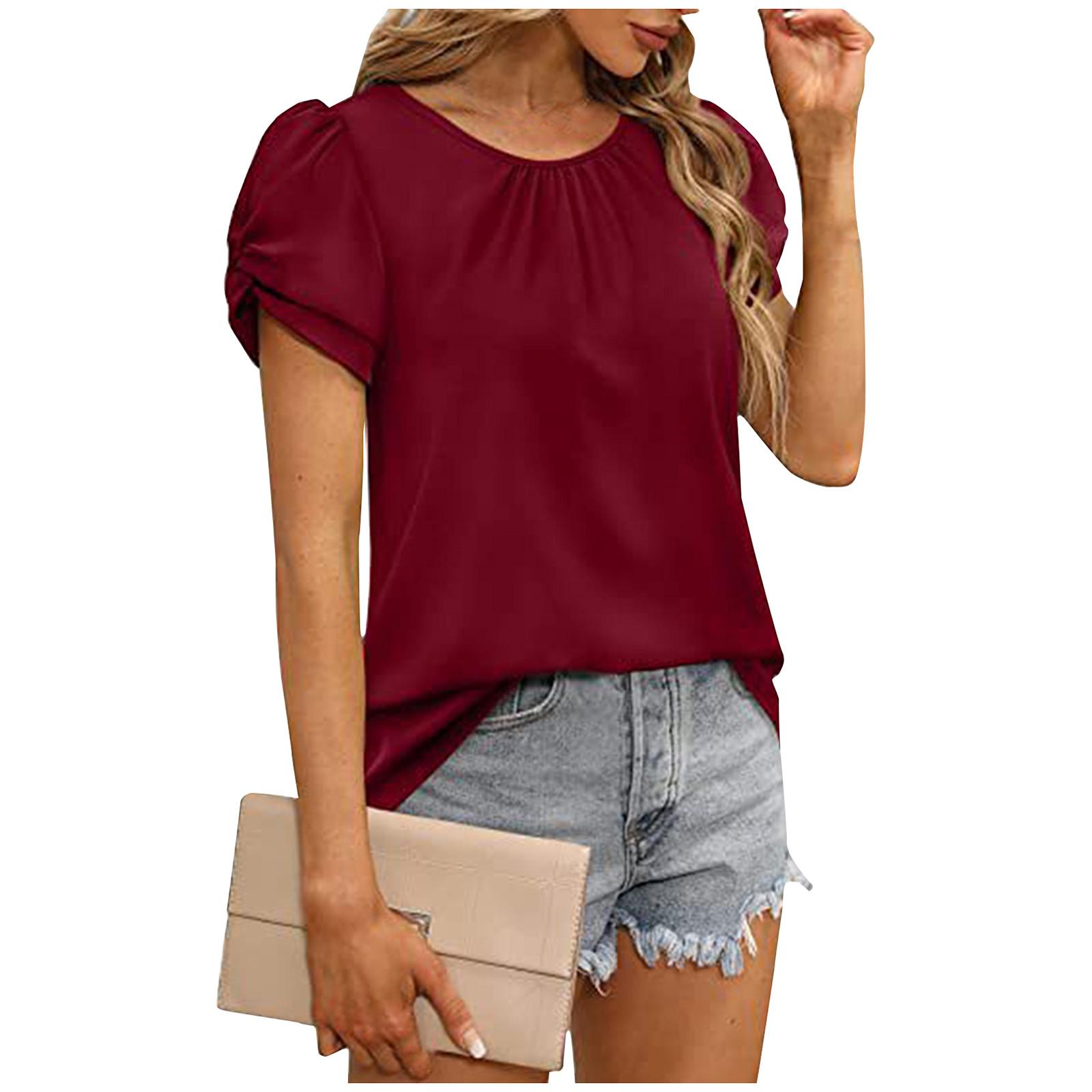

Летняя женская одежда с круглым вырезом, однотонная, нерегулярной плиссированной, с рюшами, с коротким рукавом, легкая однотонная футболка в уличном стиле, топы L винный