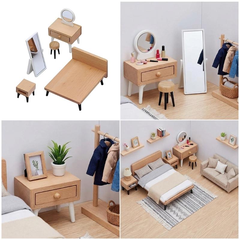 Pack of 5 Plastic Wooden Doll Bedroom Accessory Set With Tiny Wardrobe Vanity Stool And Nightstand For Kids Playhouse