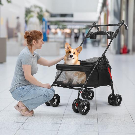 4 Wielen Hondenbuggy Opvouwbare Reis Hond Jogging Buggy met Verstelbaar Handvat Ademend En Zichtbaar Gaas Bekerhouder voor Honden Katten Tot 10kg