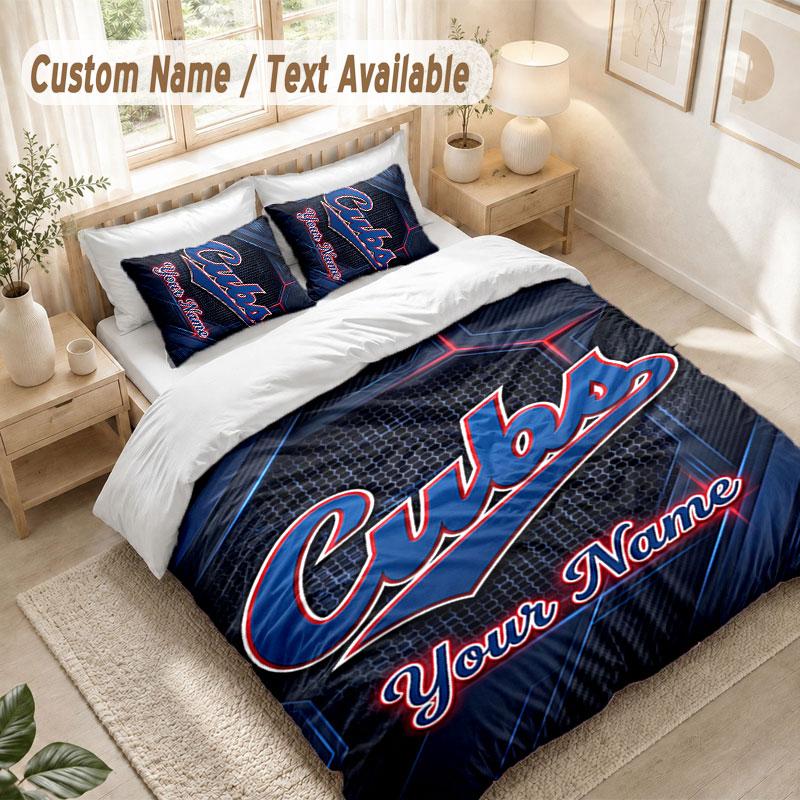 Custom Name Bedding Set 3 PiecesChicago Cubs Print Duvet Cover + 2 Pillowcases Soft Bed Decor