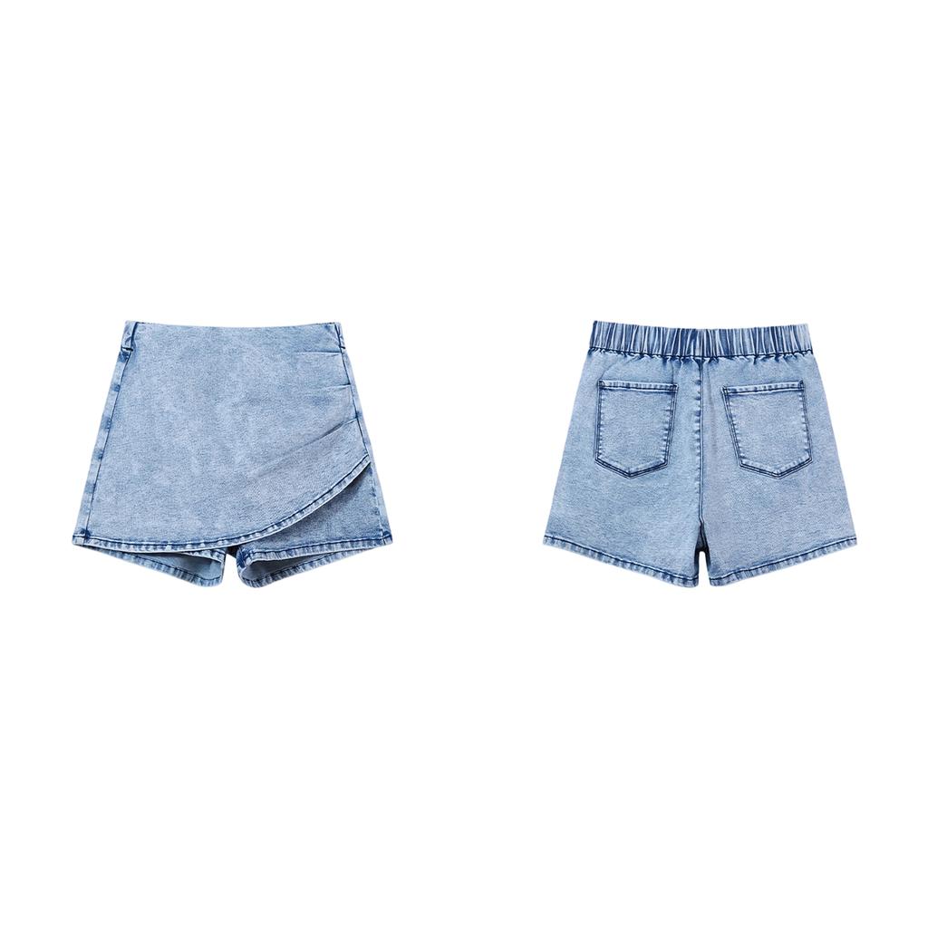 High Waist Denim Skort for Women Casual Asymmetric Wrap Front Design Comfortable Stretchy Fabric Shorts Skirt