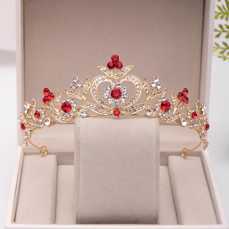 Trendige Gold Roter Strass Kristall Krone Blume Braut Haarschmuck Hochzeit Kopfschmuck Haarschmuck Braut Haarschmuck Krone