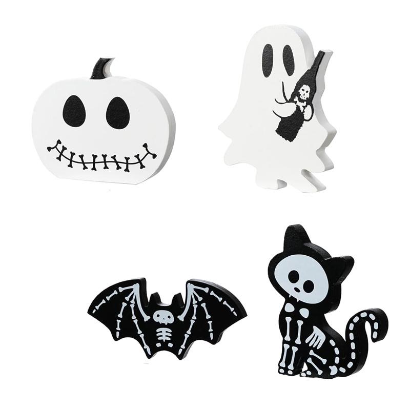 

4Pcs Halloween Decorations Indoor, Halloween Tiered Tray Decor Table Sign, Halloween Wooden Signs Ghost Bat Pumpkin Cat