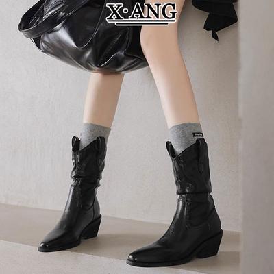 Rindsleder Edition Mund Stacking Stiefel Dicke Ferse Skinny Mittelstiefel Martin Stiefel Kinder Ritterstiefel Spitz Western Cowboy Stiefel