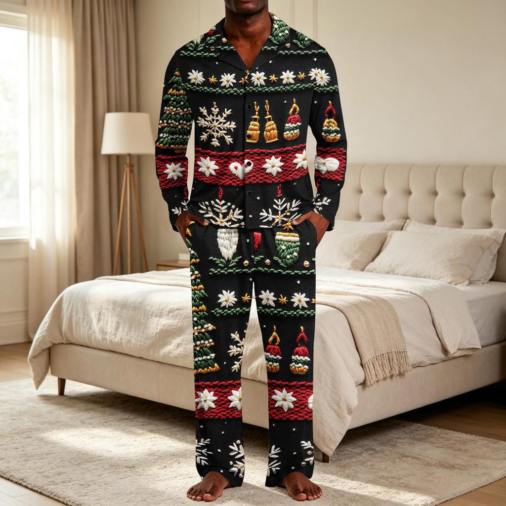 Men's Christmas Pajama Set with Button Down Shirt and Straight Leg Pants, Casual Print Sleepwear Two Piece Outfit, Festive Holiday Loungewear