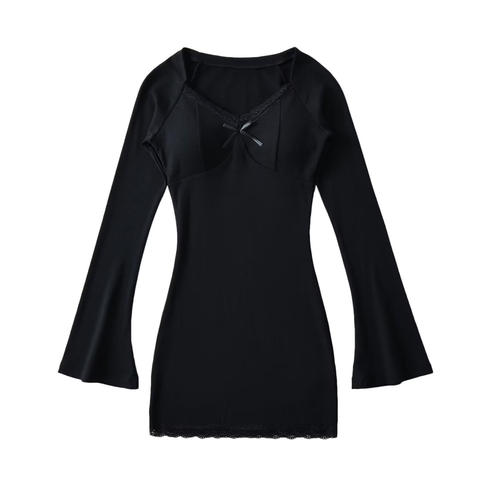 YPFF Trendy Women s Lace Long Sleeve Bell Dress - Sexy Slim-Fit Short Skirt Style One Size чёрный