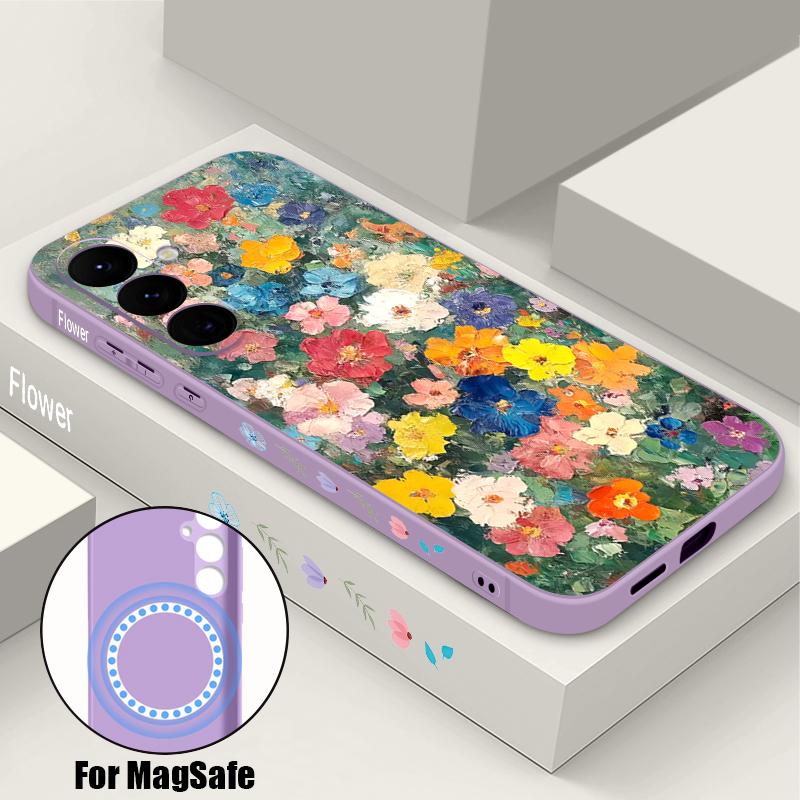 Watercolor Floral Pattern Case For Samsung Galaxy S26 S25 Ultra S24 S23 FE S22 Plus S21 Built-in Metal Plate Magnetic Silicone Cover