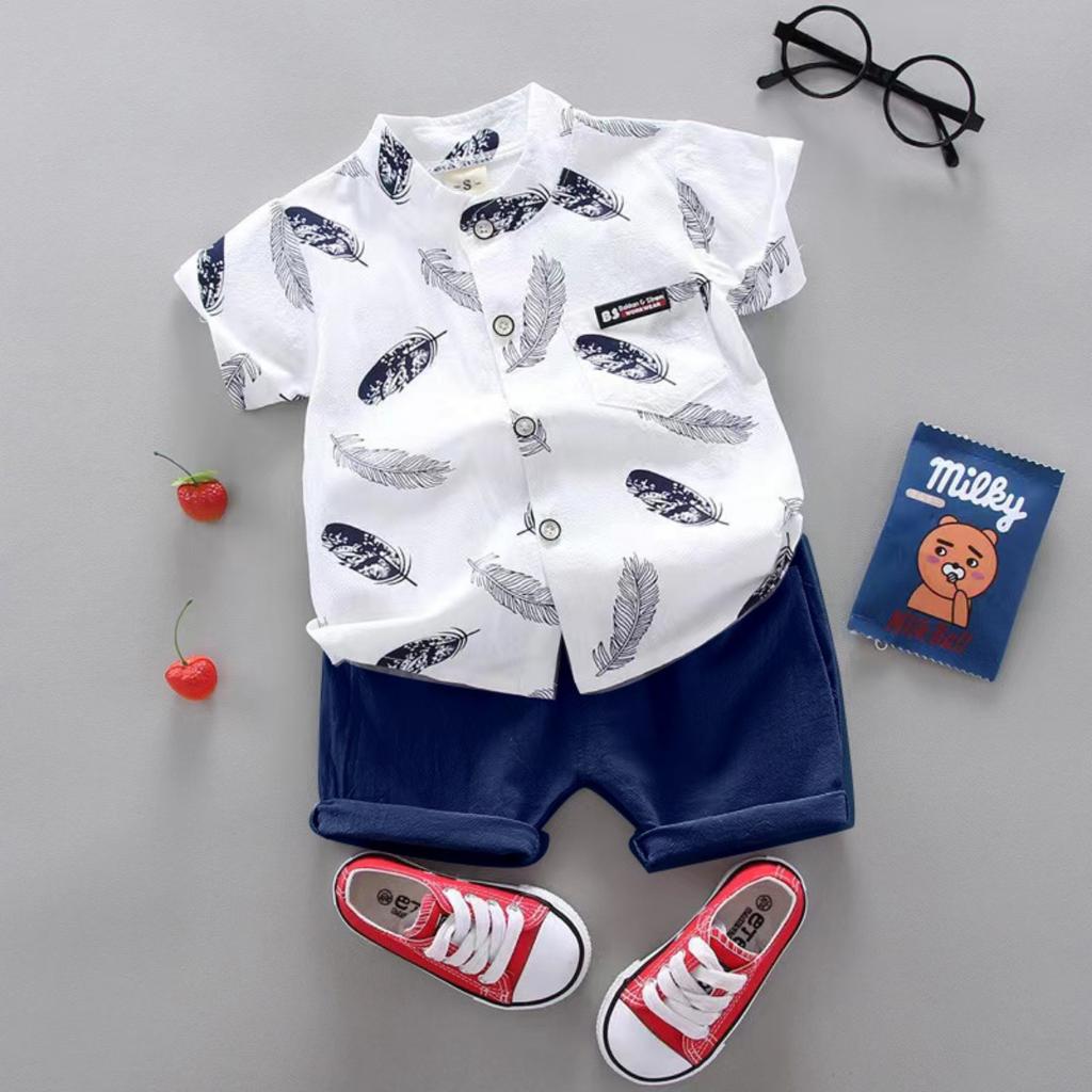 Summer Printed Pyramid Shirt Short Sleeved Shorts Set for Male and Female Infants and Young Children
